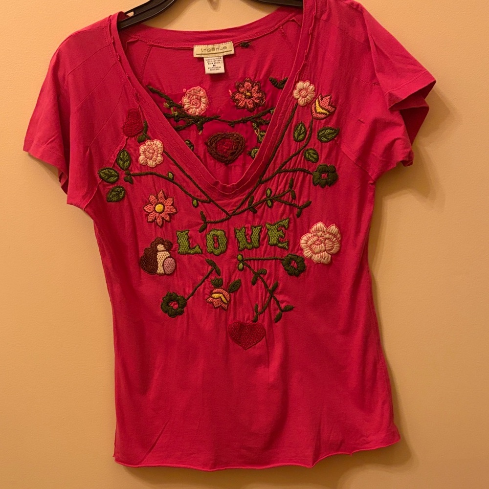 Ingenue Hot Pink Embroidered V-Neck Tee with LOVE Motif